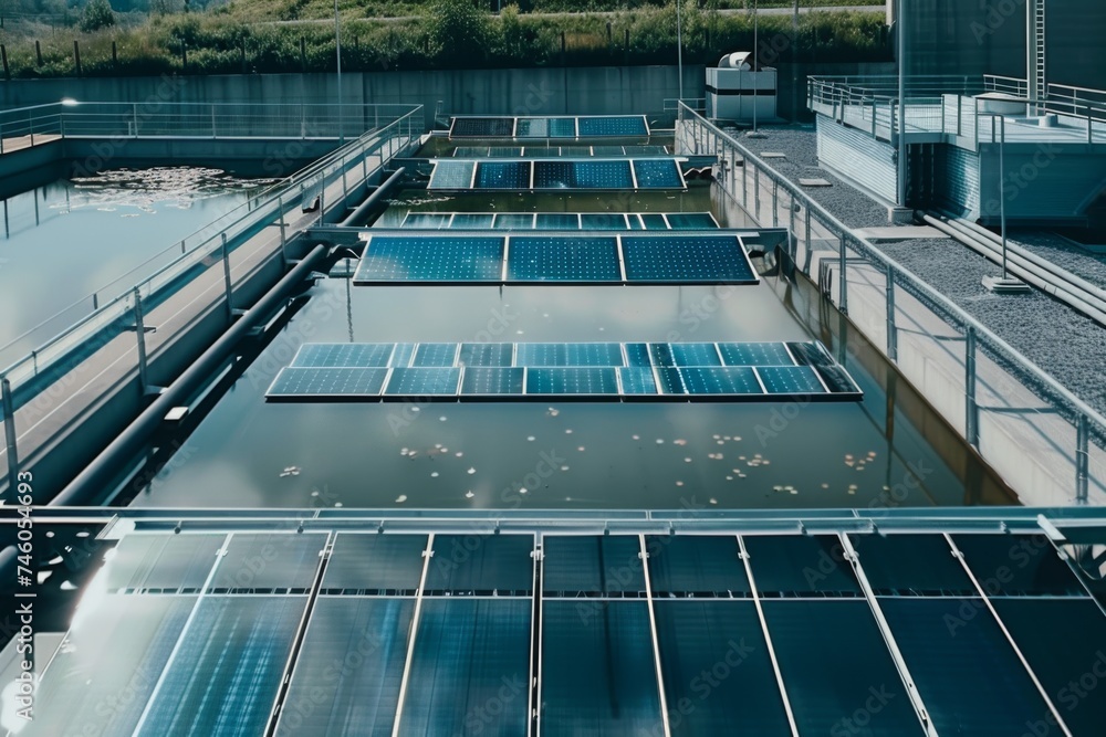 Solar panels at water treatment plant - Innovative solar panels aligned ...