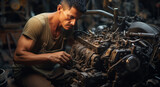 An experienced mechanic repairs an engine in the garage, generative AI