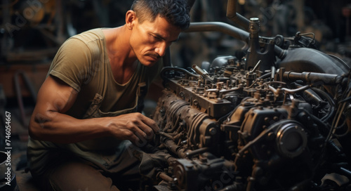 An experienced mechanic repairs an engine in the garage, generative AI © Olha