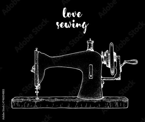 Vintage sewing machine. Hand drawn vector illustration.