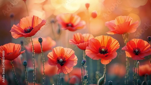 Poppy field at sunset in the spring. Red poppies in sunset light. Summer nature concept. Concept: nature, spring, biology, fauna, environment, ecosystem. Red beauty landscape 4k video colorful photo
