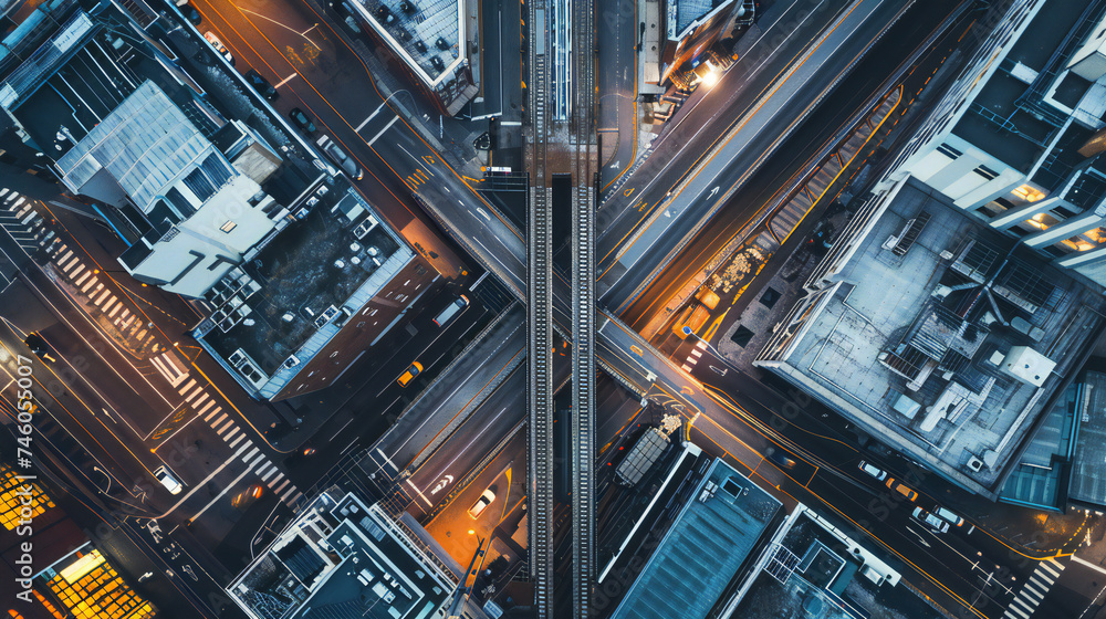 Dynamic Urban Business District: High Angle View of Vibrant City Streets Emphasizing Interconnected Industries and Growth Dynamic Urban Business District: High Angle View of Vibrant City Streets Emphasizing Interconnected Industries and Growth