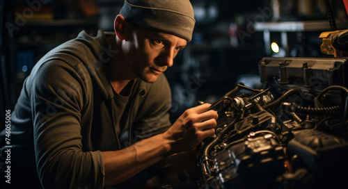 An experienced mechanic repairs an engine in the garage, generative AI © Olha