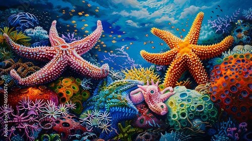 Colorful sea stars resting on a vibrant coral