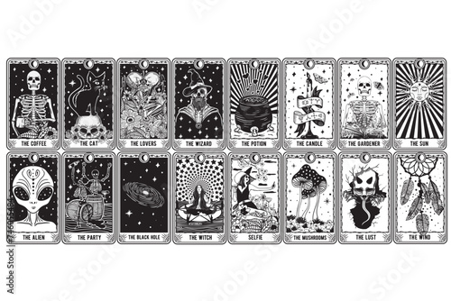 Tarot Cards Bundle Funny, Tarot Cards, Tarot Bundle, Funny Tarot, the coffee, the cat, the lovers, the wizard, the alien, the party, the black hole, the witch, the potion, the candle, the gardener, th