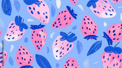 Creative pattern with pink strawberries on blue background. Cute textured strawberry illustration. Summer fruit background.