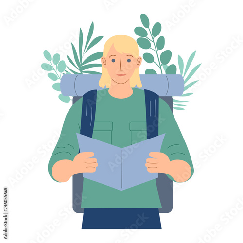 concept of ecotourism, expedition, journey. a man with backpack. vector