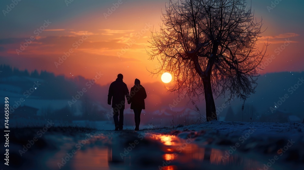 Two People Walking in the Snow at Sunset Two People Walking in the Snow at Sunset