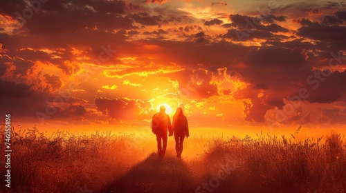 Two People Standing in a Field at Sunset