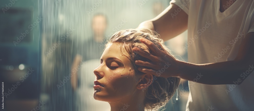 Fototapeta premium Relaxing Hair Wash Experience at the Salon: Woman Enjoys a Soothing and Rejuvenating Treatment