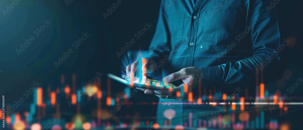 Businessman hand show Stock chart showing rising stock sign with graph indicator. a growing virtual hologram stock. Generative AI - obrazy, fototapety, plakaty 