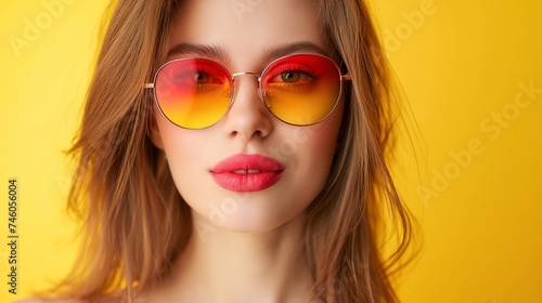 Beauty summer fashion model girl wearing sunglasses, copy space.