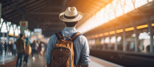 Young Asian Traveler with Backpack and Hat Anticipating Train Arrival at Vibrant Train Station © HN Works
