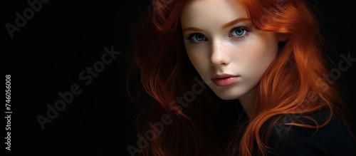 Fierce Red-Haired Woman Stuns with Intense Gaze and Striking Beauty in Elegant Black Dress