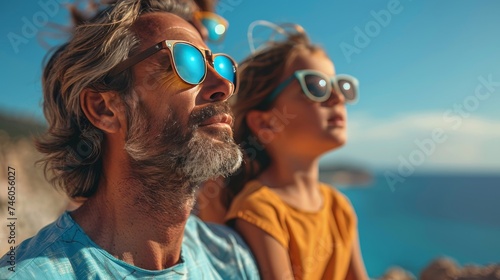 Father and Daughter Family in Sunglasses Looking at Sky Sun Eclipse Beach