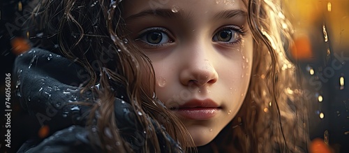 Serene Young Girl with Long Hair Close-Up Portrait Behind Water Droplets and Autumn Leaves