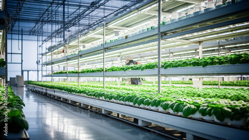Indoor hydroponic vegetable plant factory in exhibition space warehouse. Interior of the farm hydroponics.