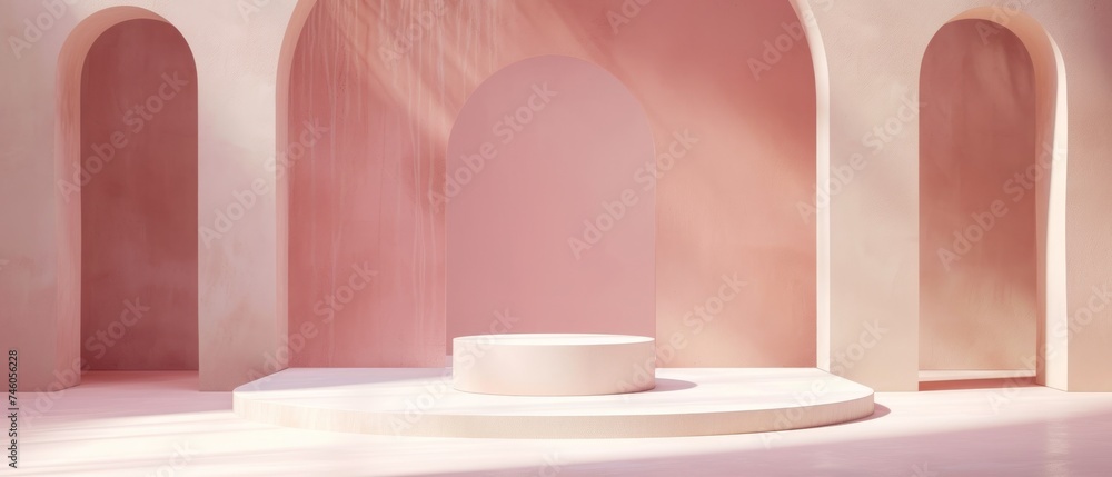 Empty pink podium for product presentation on a pink wall. minimal 3 d rendering. Generative AI