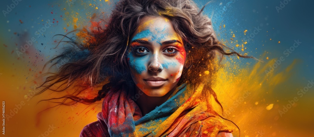 Vibrant Woman Celebrating Color Festival with Colorful Face and Hair