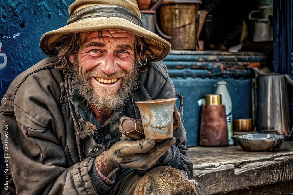 Hipster, Tramp Cheerful Homeless Man Is Drinking Tea on London Street, English Gentleman Drinking