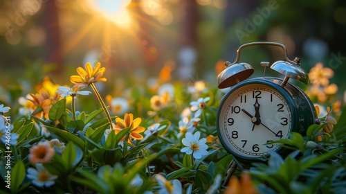 Alarm Clock among Flowers on Forest Floor with Blurred Sunrise and Forest Background
