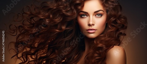 Radiant Brunette Beauty with Luxurious Long Curly Hair, Captivating Wavy Hairstyle