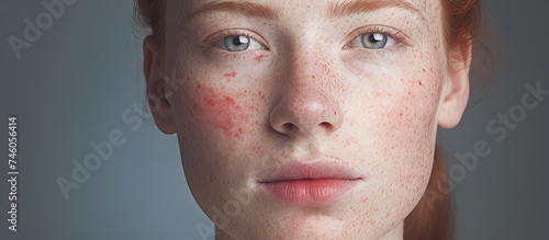 Sensitive Skin Care: Woman with Rosacea and Red Spots on Cheeks photo