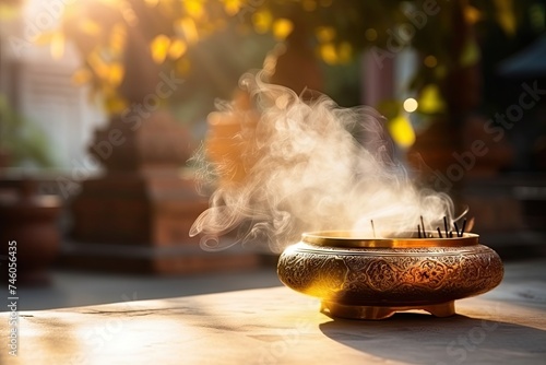 Incense Burning, Traditional Aroma Incense Smoke, Arabian Bakhoor Burning, Generative AI Illustration photo