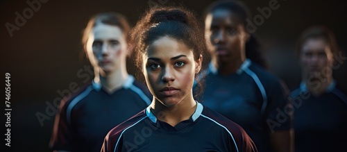 Diverse Group of Young Women Soccer Players in Uniforms on Field Ready for Game