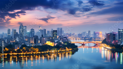 Gleaming Dusk View of Hanoi City Skyline Vibrant Architectural Marvels & Bustling Streets