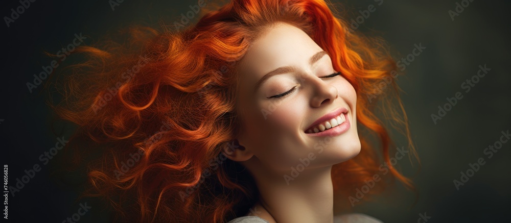 Radiant Red-Haired Woman Beaming with Joy in Elegant White Blouse - Inner Beauty and Happiness Concept