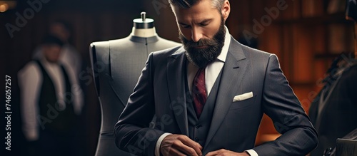 Elegant Tailor Examining His Custom-Made Suit with Precision and Attention to Detail © HN Works