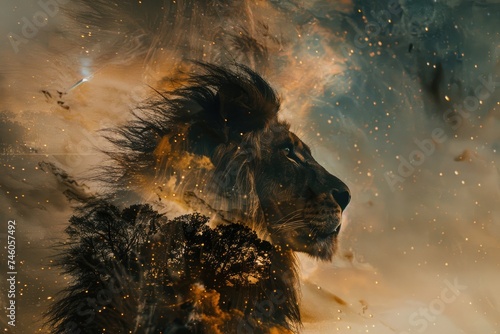 A lion's profile blended with the texture of a starry night sky in a double exposure  © PinkiePie