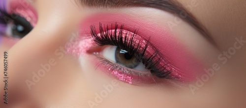 Intense Gaze: Woman's Eye Enhanced with Sparkling Pink Glitter for Glamorous Makeup Look