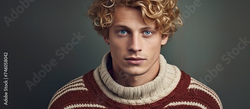 Confident young man with curly hair in striped sweater exuding sincerity and calmness