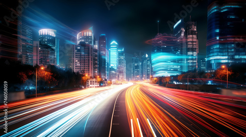 Big city skyline and traffic lights blur motion  skyscrapers and highway light tracks during rush hour