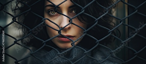 Lonely woman gazes longingly through the metal bars of a fence, feeling trapped and isolated
