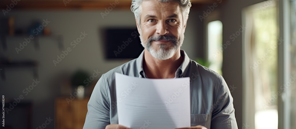 Mature Man Rejoicing with Official Paperwork at Home: Success with Taxes and Loans Mature Man Rejoicing with Official Paperwork at Home: Success with Taxes and Loans
