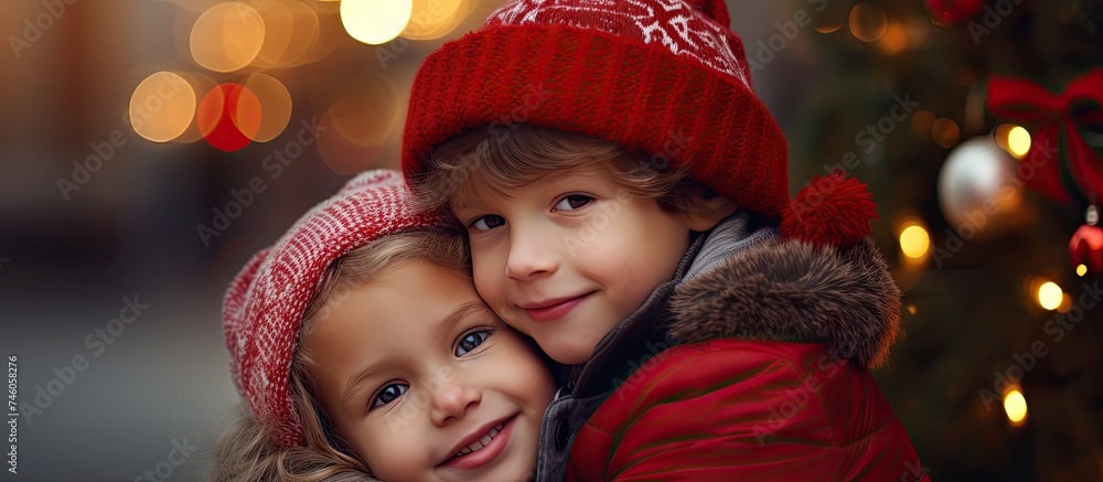 Two Little Girls in Red Hats Hugging Each Other with Joyful Expressions Two Little Girls in Red Hats Hugging Each Other with Joyful Expressions