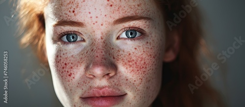 Young Woman with Rosacea Sensitive Skin Showing Red Spots on Cheeks, Close-up Patient Face photo