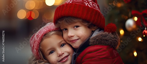 Two Little Girls in Red Hats Hugging Each Other with Joyful Expressions