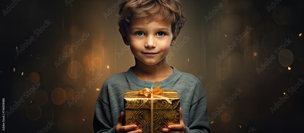 Joyful child presenting a surprise gift wrapped in a luxurious gold bow