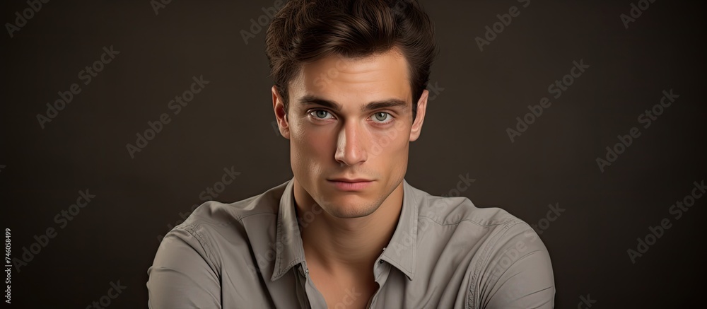 Focused young man with a concentration gesture wearing a vibrant shirt Focused young man with a concentration gesture wearing a vibrant shirt