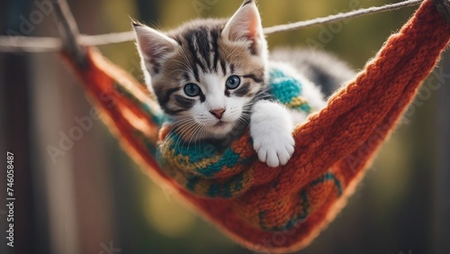 A cozy Maine Coon kitten, enveloped in the warmth of a colorful knitted sock, dozing off  
