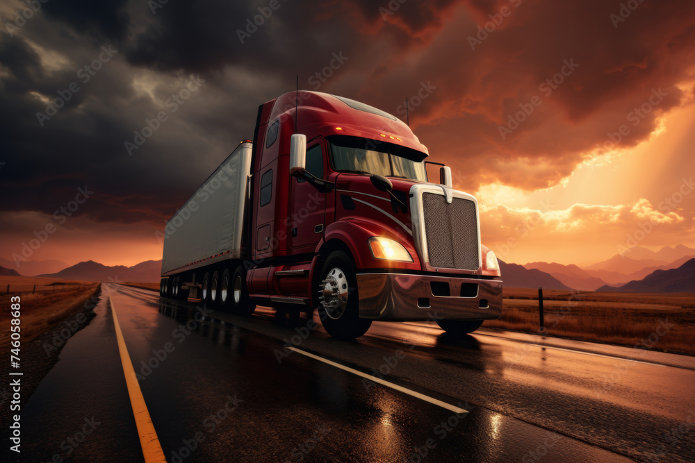 A truck on the road against the backdrop of the evening sun, transporting goods across America, generative AI