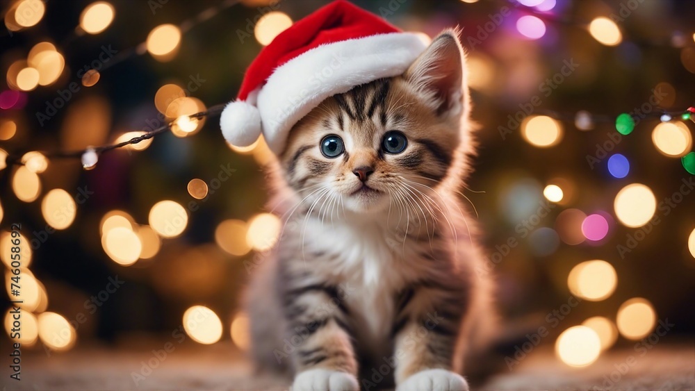 cat in santa hat A playful kitten with a tiny Santa hat askew, in a string of colorful Christmas lights, cat in santa hat A playful kitten with a tiny Santa hat askew, in a string of colorful Christmas lights,