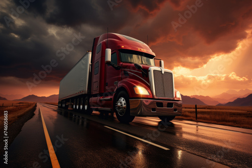 A truck on the road against the backdrop of the evening sun, transporting goods across America, generative AI