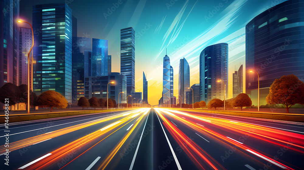 Fototapeta premium Big city skyline and traffic lights blur motion, skyscrapers and highway light tracks during rush hour