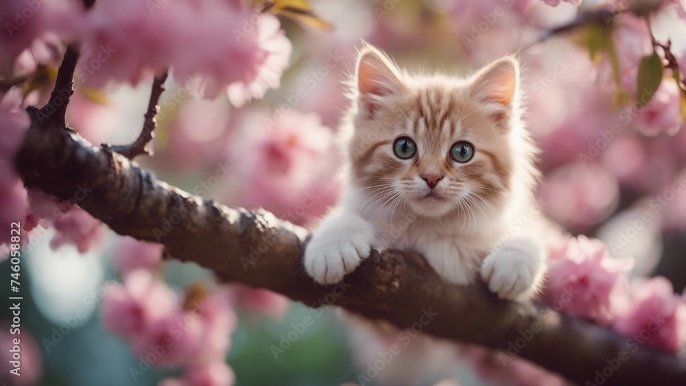 cat on a tree A fluffy kitten with wide, curious eyes, clinging to a branch of a blossoming cherry tree,  