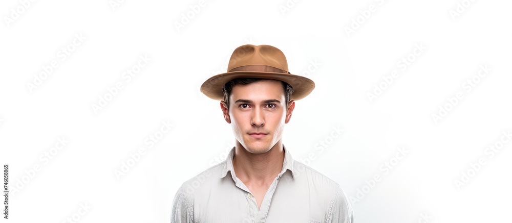 Stylish Young Man in Hat Poses Near Blank Isolated Background for Advertisement Shoot Stylish Young Man in Hat Poses Near Blank Isolated Background for Advertisement Shoot